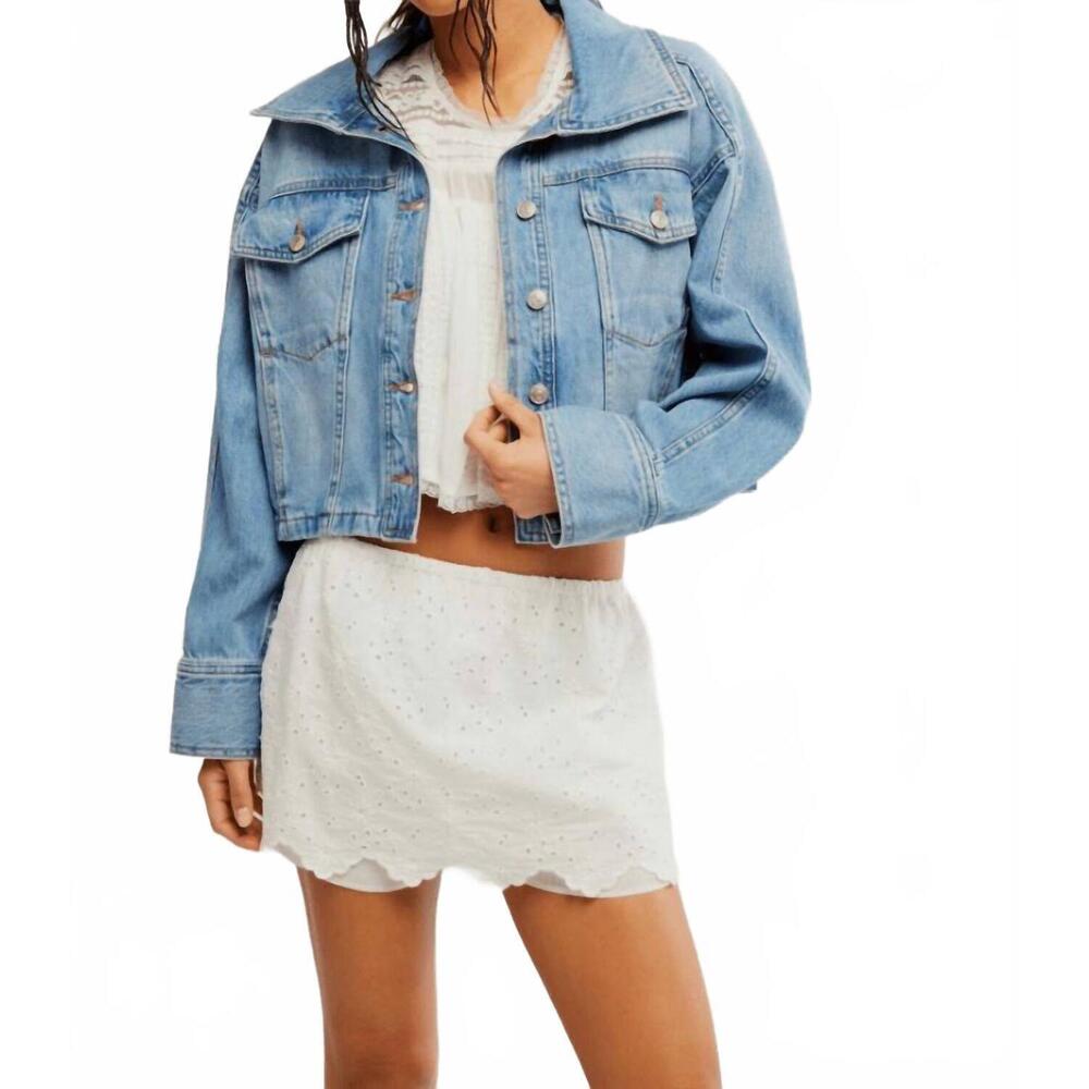 Free People Light Wash Blue Cropped Denim Jean Jacket